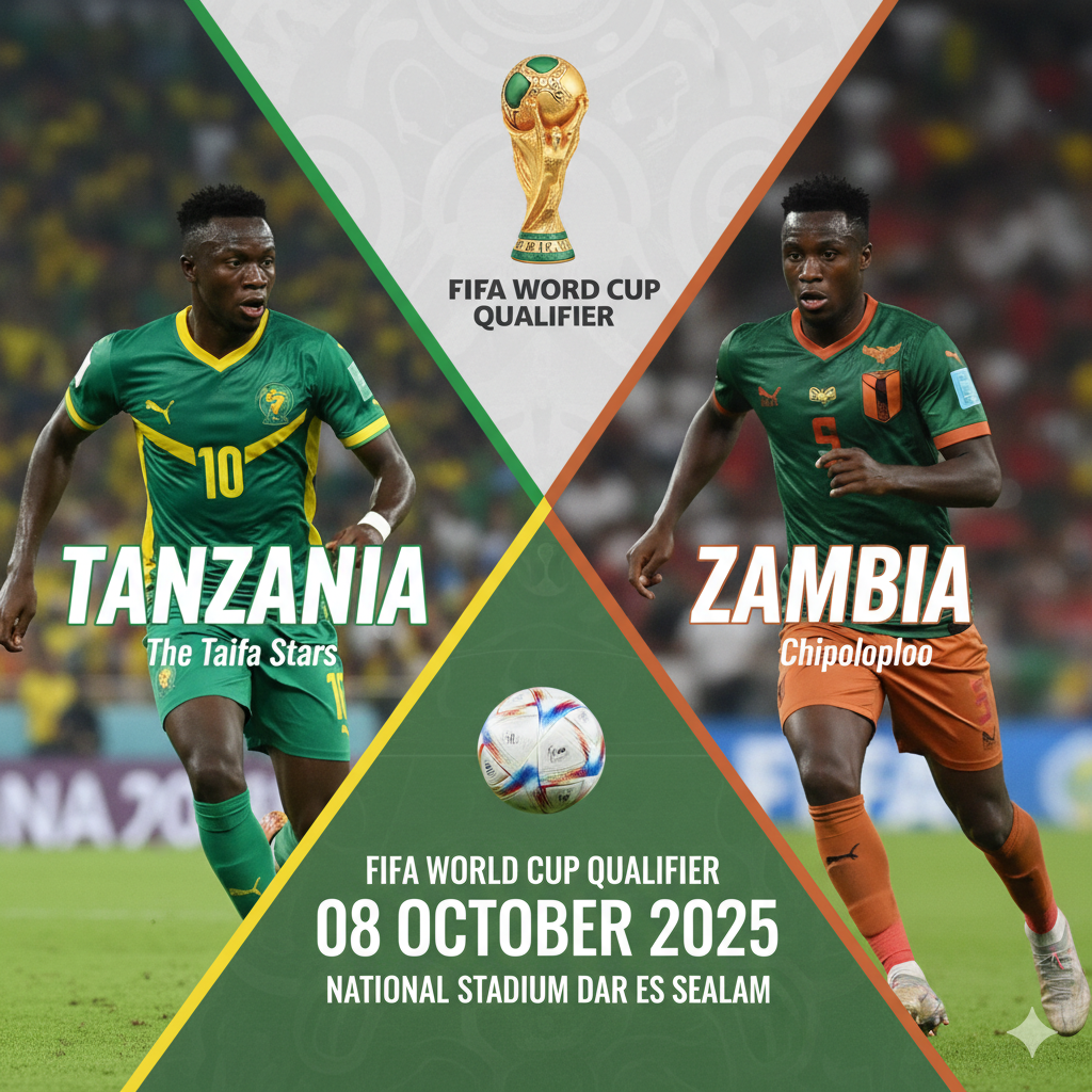 Tanzania and Zambia national football teams in a competitive match, highlighting key players in action at a packed stadium in Dar es Salaam.